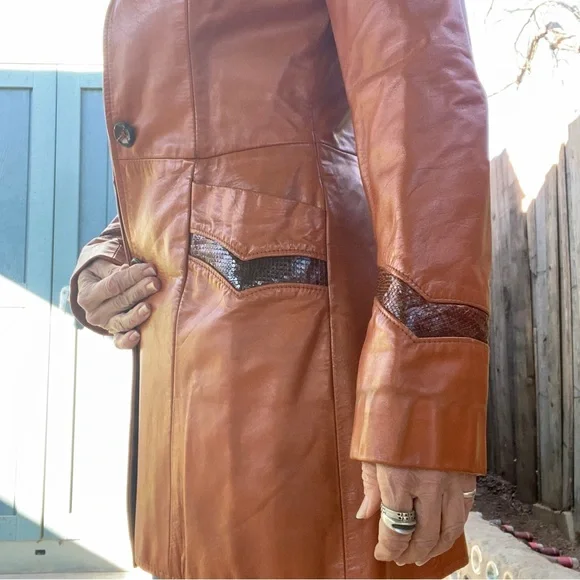 Vintage 60s Ms. Pioneer leather and snakeskin jacket, orange brown, pockets, Sm - Picture 4 of 16